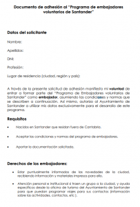 Documento de adhesión al “Programa de embajadores voluntarios de Santander”